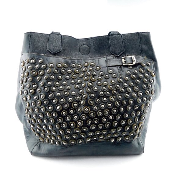 FRYE + Madison West Black Large Studded Leather Satchel Tote Handbag - Picture 1 of 9